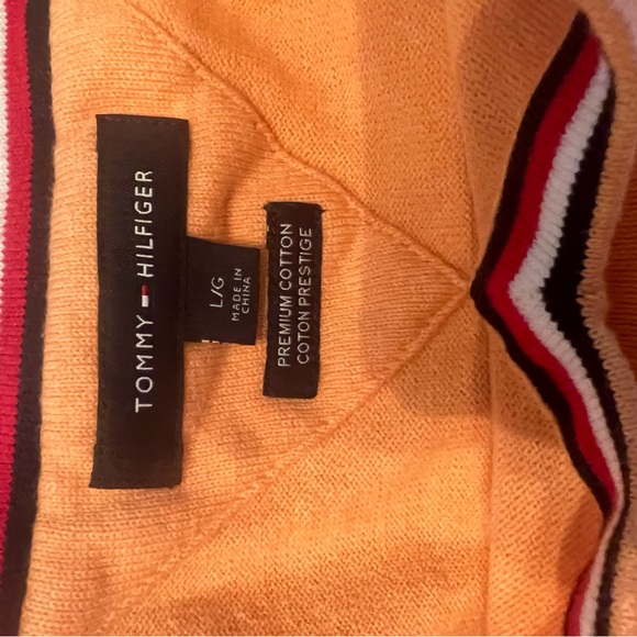 NWOT TOMMY HILFIGER Mens Large Orange V Neck Premium Cotton Sweater Logo - Picture 4 of 5